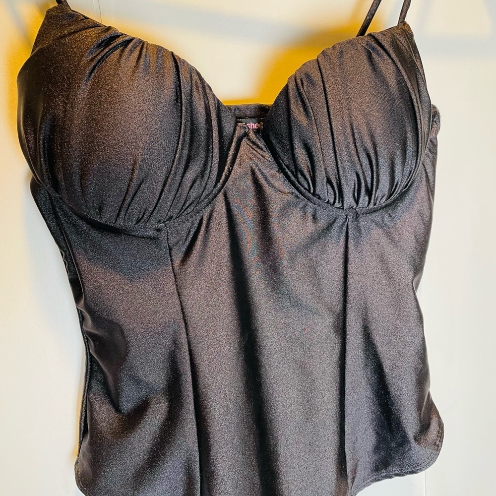 Biashe Shimmering Matte Satin Black Ruched Bra Bodysuit Thong Women’s Size S